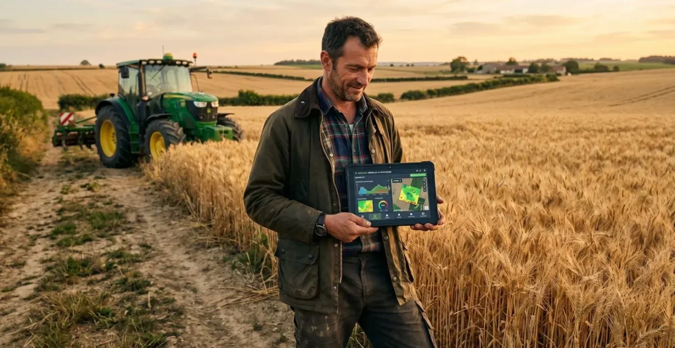 Agriculteur consultant une application de gestion sur tablette au bord d'une parcelle de blé, avec un tracteur visible en arrière-plan