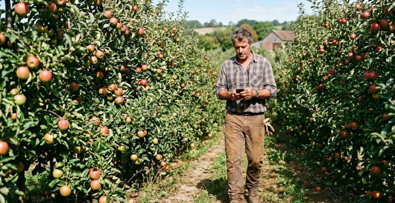 Arboriculteur dans un verger de pommiers, consultant son téléphone pour un suivi de production, avec des rangs d'arbres chargés de fruits en arrière-plan