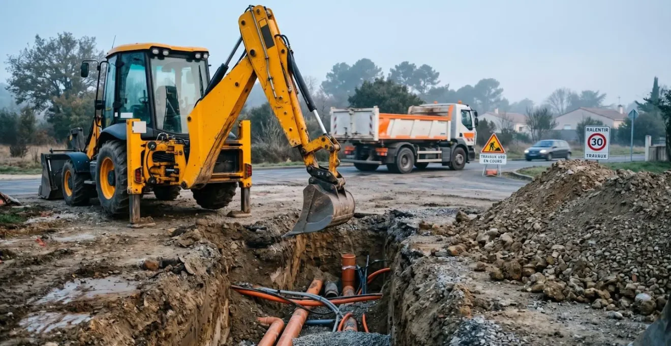 Chantier VRD périurbain à l'aube avec tractopelle jaune positionnée près d'une tranchée ouverte montrant des canalisations orange, brume matinale légère, camion-benne en arrière-plan