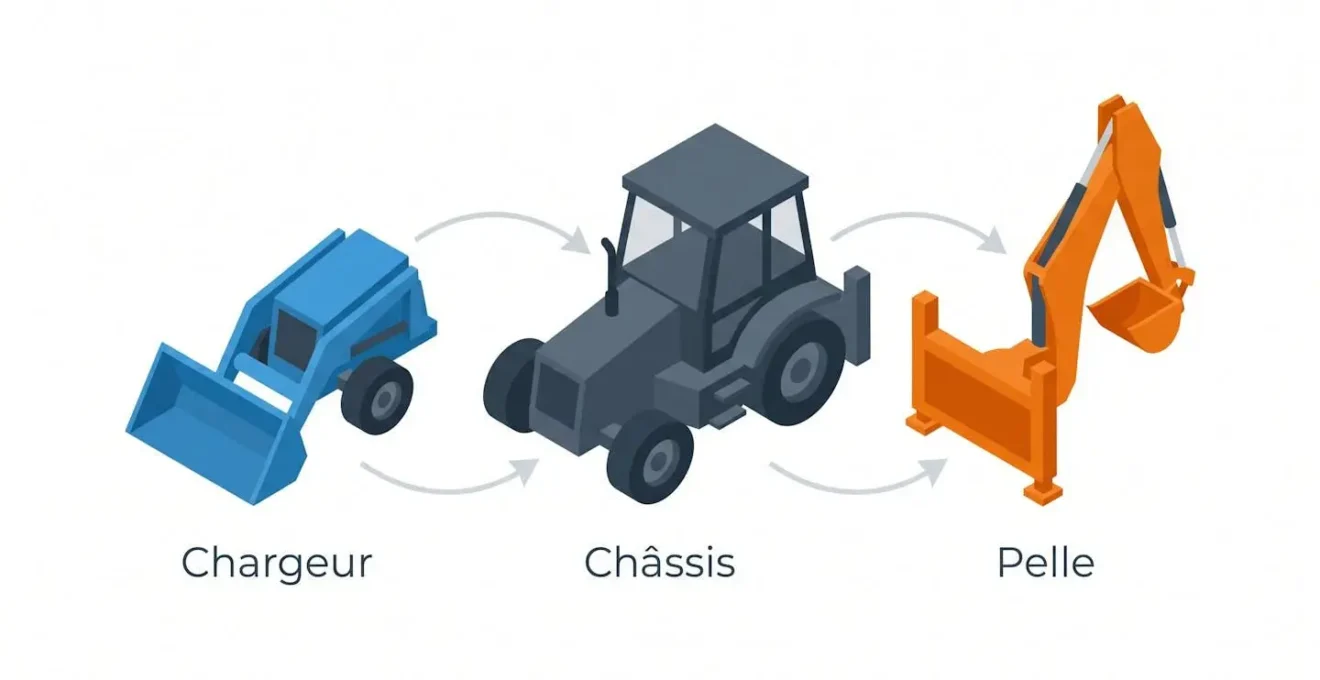 Schéma isométrique 3D décomposé d'une tractopelle montrant les trois composants : chargeur frontal bleu, châssis central gris et pelle hydraulique arrière orange, avec étiquettes en français