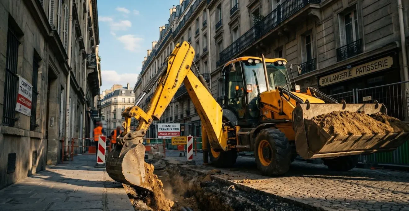 Tractopelle jaune en action dans une rue parisienne étroite, bras hydraulique creusant une tranchée profonde pour réseaux VRD, immeubles haussmanniens en arrière-plan, lumière dorée d'après-midi