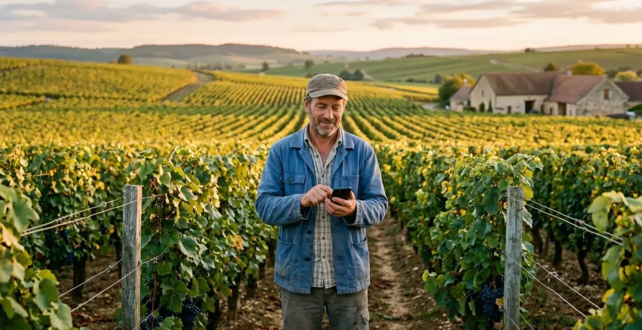 Viticulteur debout entre deux rangs de vigne en fin de journée, enregistrant une intervention sur son téléphone portable avec le paysage viticole en arrière-plan
